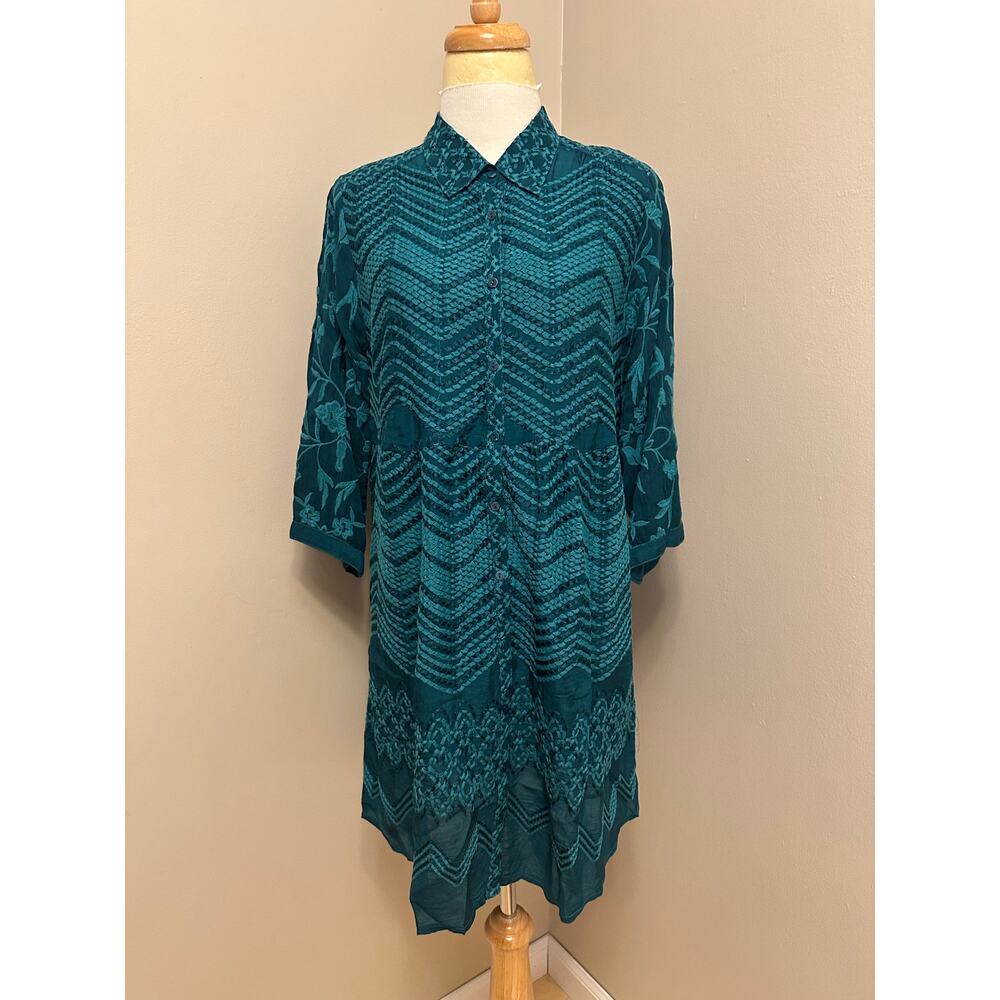 Johnny Was Ziggy Button Front Embroidered Tunic Dress Dark Teal Sz Medium